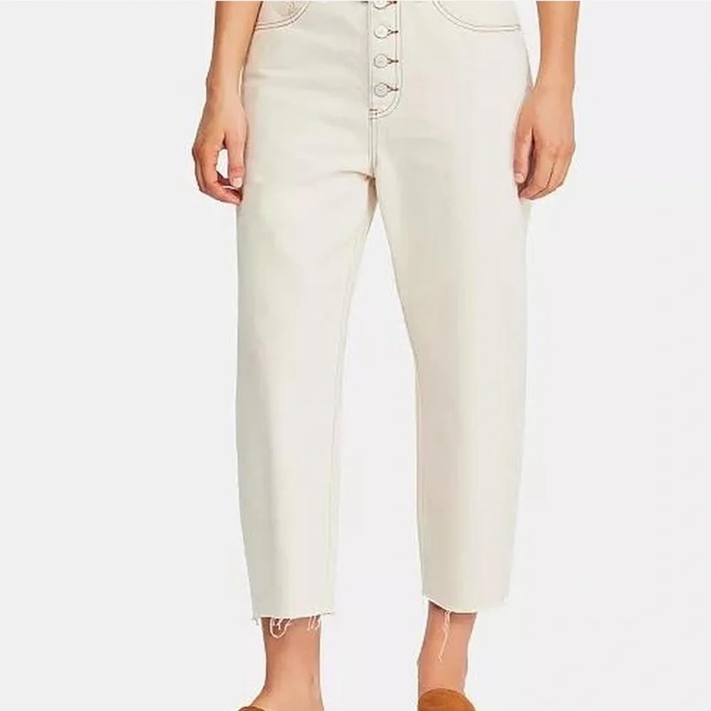 Free People Barrel Leg Button-Down Beige Pants Size 24